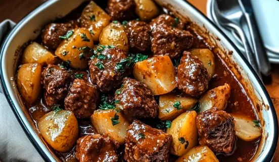 Slow Cooker Garlic Butter Beef Bites & Potatoes